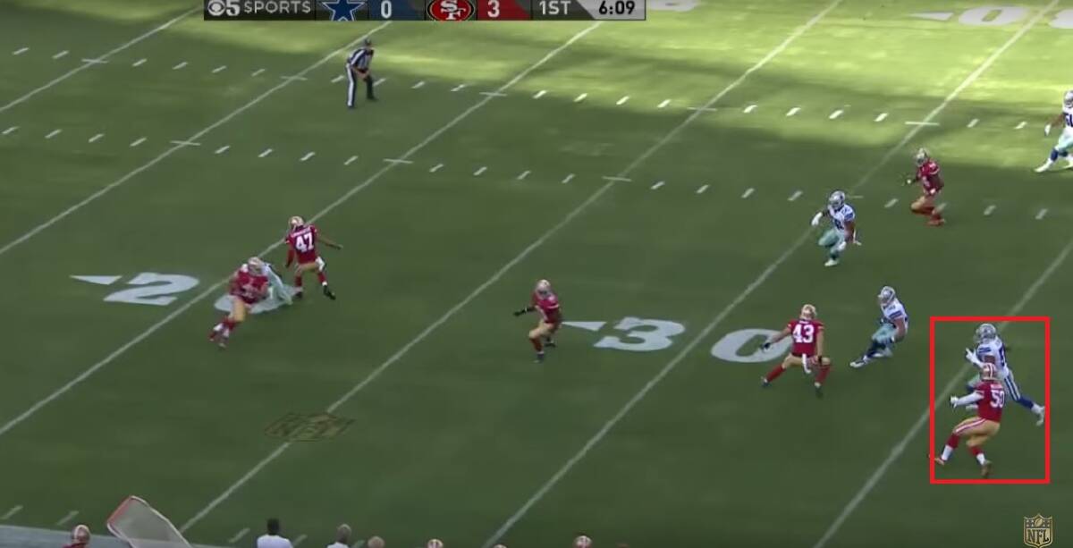 The red box shows a 49ers player about the block the player in the best position at this stage of the play to make a tackle on Hayne.