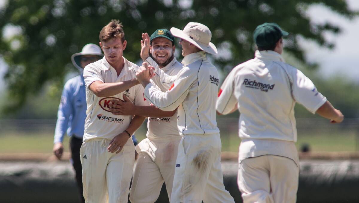 Hawkesbury Cricket Club's Pat Lawrence celebrates a wicket in the 2014-15 season. Picture: Geoff Jones