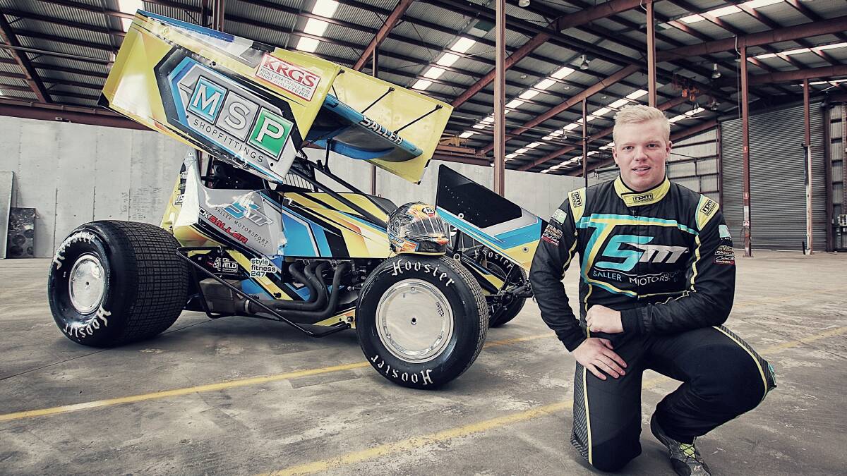Mick Saller poses next to his Saller Motorsports sprintcar. Saller hopes to close a deal with an American racing team in the next month, which will allow him to race sprintcars for a living. Picture: Wade Aunger