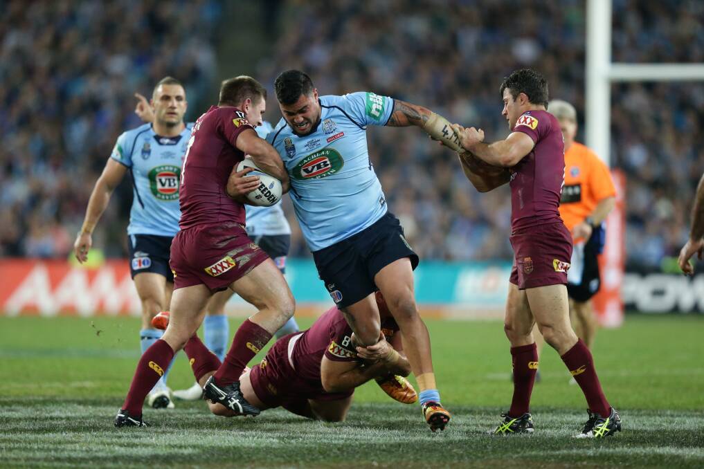 Blues prop Andrew Fifita was well contained by the Maroons in game one. Picture: Jonathon Carroll, Newcastle Herald