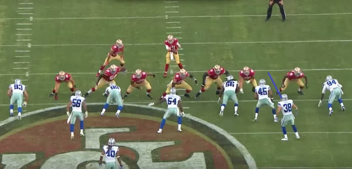 Dallas Cowboys safet Jeff Heath, #38, has the C gap if the play is a run.