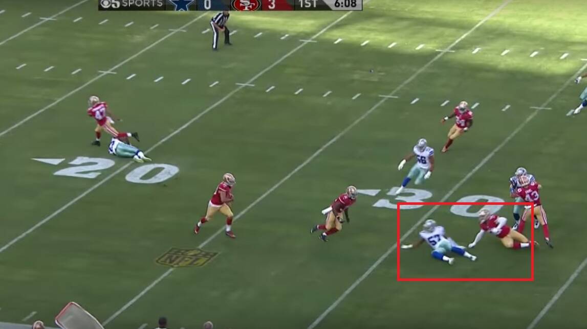 The block worked. Look at how much space on the field there is for Hayne to work with. He plays it smart and follows his blockers.
