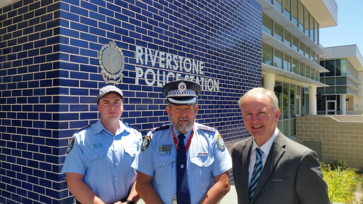 Probationary Officer Ian Stein, new Quakers Hill LAC Commander, Superintendent Greg Peters Member for Riverstone Kevin Conolly at the Riverstone police station.