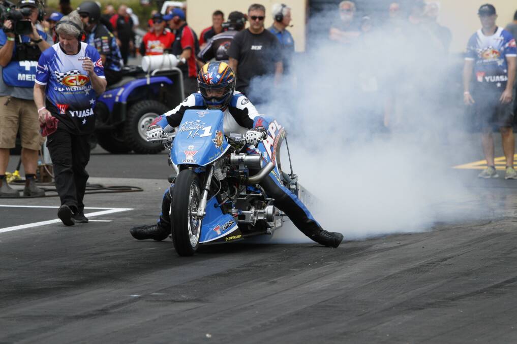 Adam Layton in action on his bike at Sydney Drag Racing.