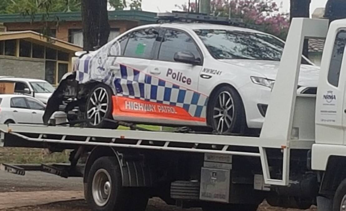 THREE CAR SMASH: A Hawkesbury Police Highway Patrol car was damaged in a three car smash in Windsor this morning. Traffic was affected in both directions as emergency crews cleared the road. Picture: TNV