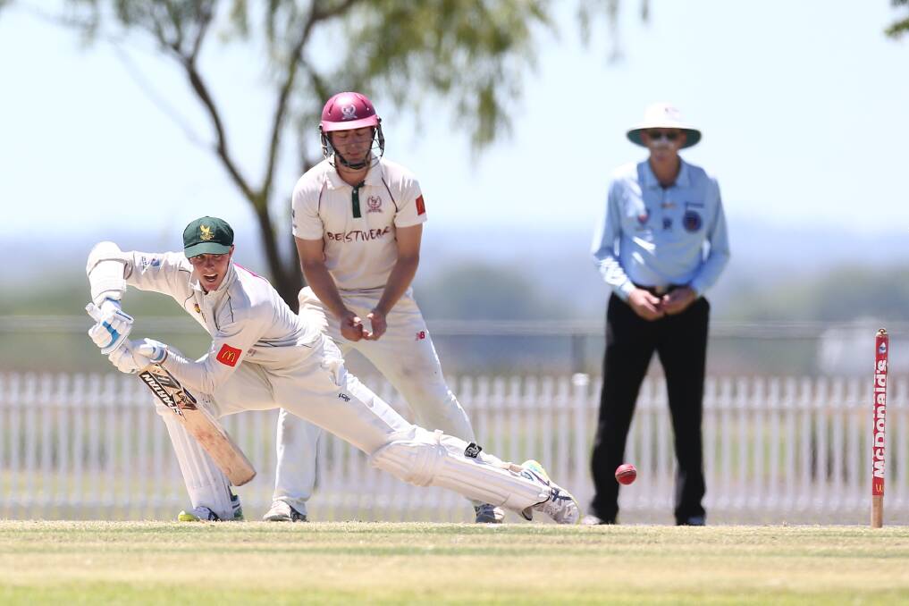 Josh Clarke takes a shot for Hawkesbury in first grade premier cricket against Gordon at Owen Earle Oval in Richmond on Saturday. Hawkesbury face Mosman this weekend. Picture: Geoff Jones 