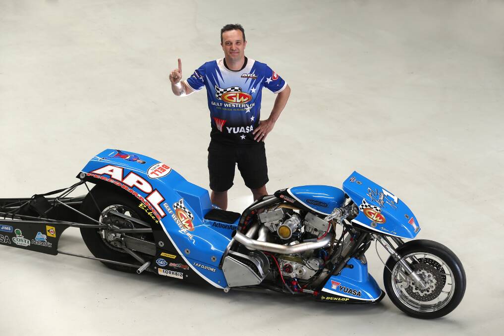Adam Layton at his South Windsor Motorcycle shop. Adam recently ran a near record time on his top bike. Picture: Geoff Jones