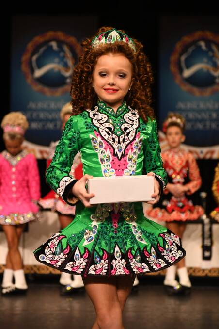The Hawkesbury's Jade Dacey in the outfit she does Irish dancing in. It was made in Ireland and shipped to Australia. Picture: WinkiPop Media