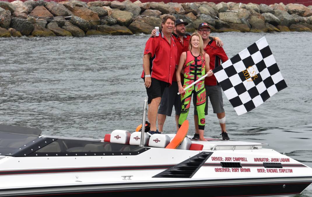 Rachael Stapleton and her crew crew celebrate winning the 2017 Catalina Ski Race event in the open women's category. Picture: Supplied