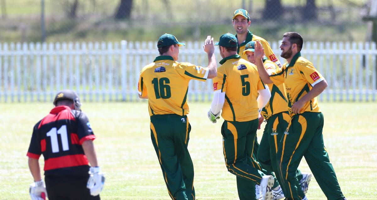 GOOD START: Hawkesbury Cricket Club's first grade players celebrate a wicket at the weekend as a dejected North Sydney batsman walks off the field. Picture: Geoff Jones