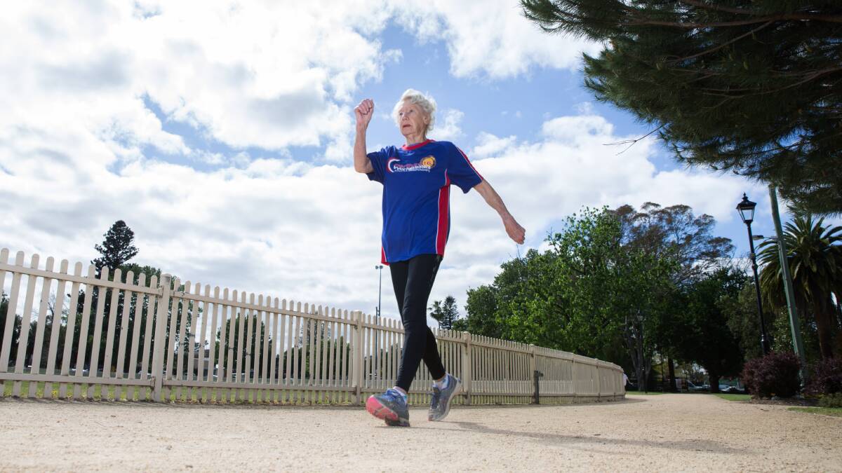 Heather Lee wearing her Perth Masters Athletics Championships t-shirt, which spurred her to go to the Games. Picture: Geoff Jones