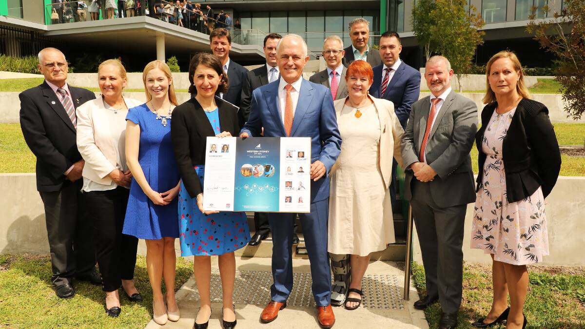 NSW Premier Gladys Berejiklian and Prime Minister Malcolm Turnbull are flanked by mayors from western Sydney councils, including the Hawkesbury's Mary Lyons-Buckett, second from left. Picture: Supplied
