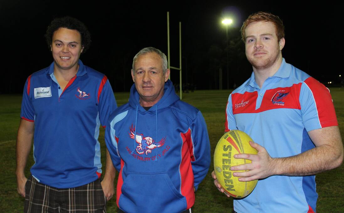 Hawkesbury City Rugby League A Grade captains Joseph Haora and Liam Pride flank coach Tony Howe at the team's training base at Turnbull Oval, North Richmond. Picture: Conor Hickey