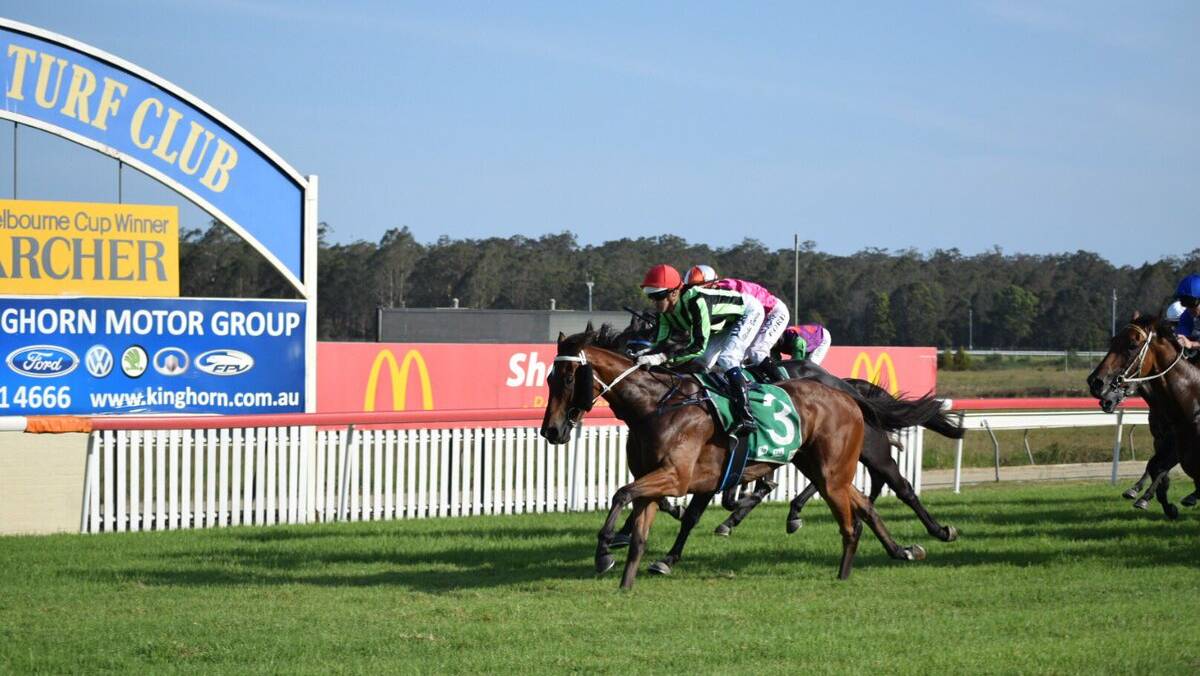 Shadow Flight takes the last race at Nowra for Blake Spriggs and Jamie Thomsen. Picture: Shoalhaven Turf Club, Twitter