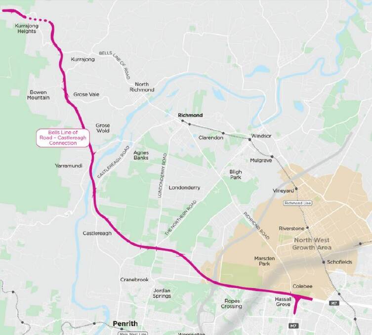The draft Bells Line of Road - Castlereagh Connection as released by Transport for NSW. The dotted line at Kurrajong Heights is a proposed tunnel, while part of Bells Line of Road would be realigned. The connection would also need to cross the Grose River and Nepean River near Yarramundi.