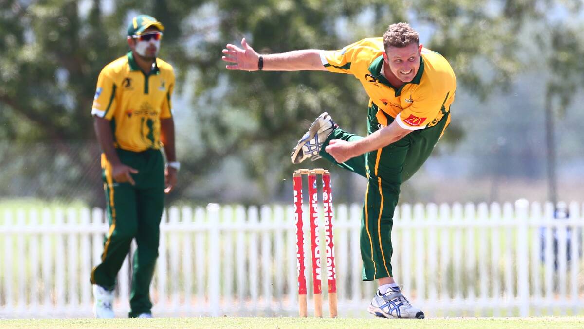 Shane Mott, pictured bowling last week, bowled seven overs in Hawkesbury Cricket Club's one-day final loss to Penrith. Picture: Geoff Jones