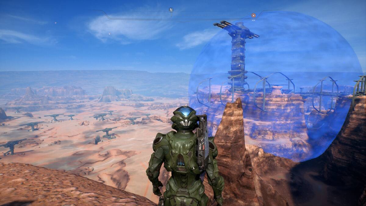 The Pathfinder looks at a Kett military base on the desert world of Eos.