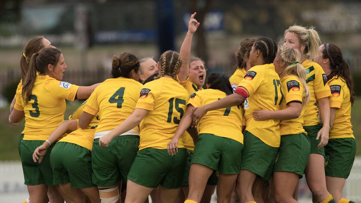 The Australian women's Defence Force rugby league team celebrates beating New Zealand on Friday, July 14. Picture: Steve Christo
