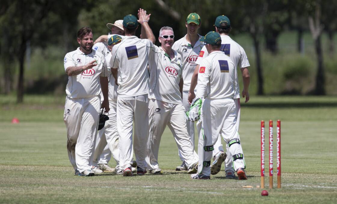 FIGHTING BACK: Hawkesbury's Steve Simons celebrates with team mates after claiming a wicket against Sydney in third grade Picture: Geoff Jones