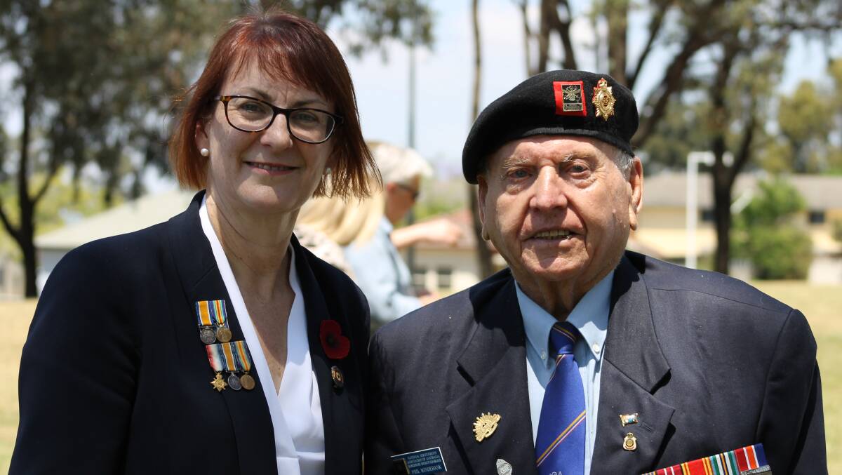 Veteran Phil Windebank of Richmond at Rememberance Day celebrations in Windsor with Susan Templeman. Picture: Supplied
