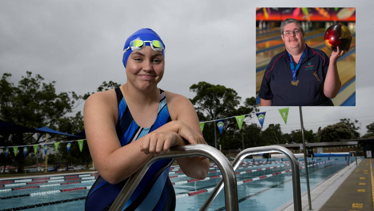 Sandy Freeman and Michael Glenday, inset, both competed at the Special Olympics National Games in Adelaide last week. Pictures: Geoff Jones