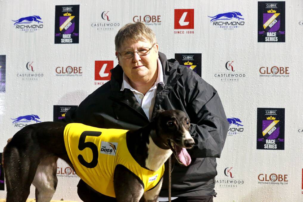 UNDERDOG: Joanne Zammit with her rank-outsider greyhound, Pick It Up, who will race in the Richmond Riches final on Friday. Picture: Supplied