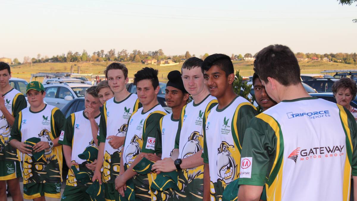 GELLED: Some of the players from Hawkesbury's under-16 rep team receive their caps at a presentation ceremony in September. Picture: Conor Hickey