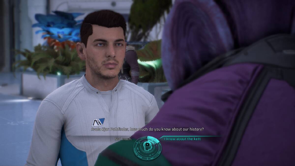 Scott Ryder, the path finder talks to NPC alien Avela Kjar of the Angara race.