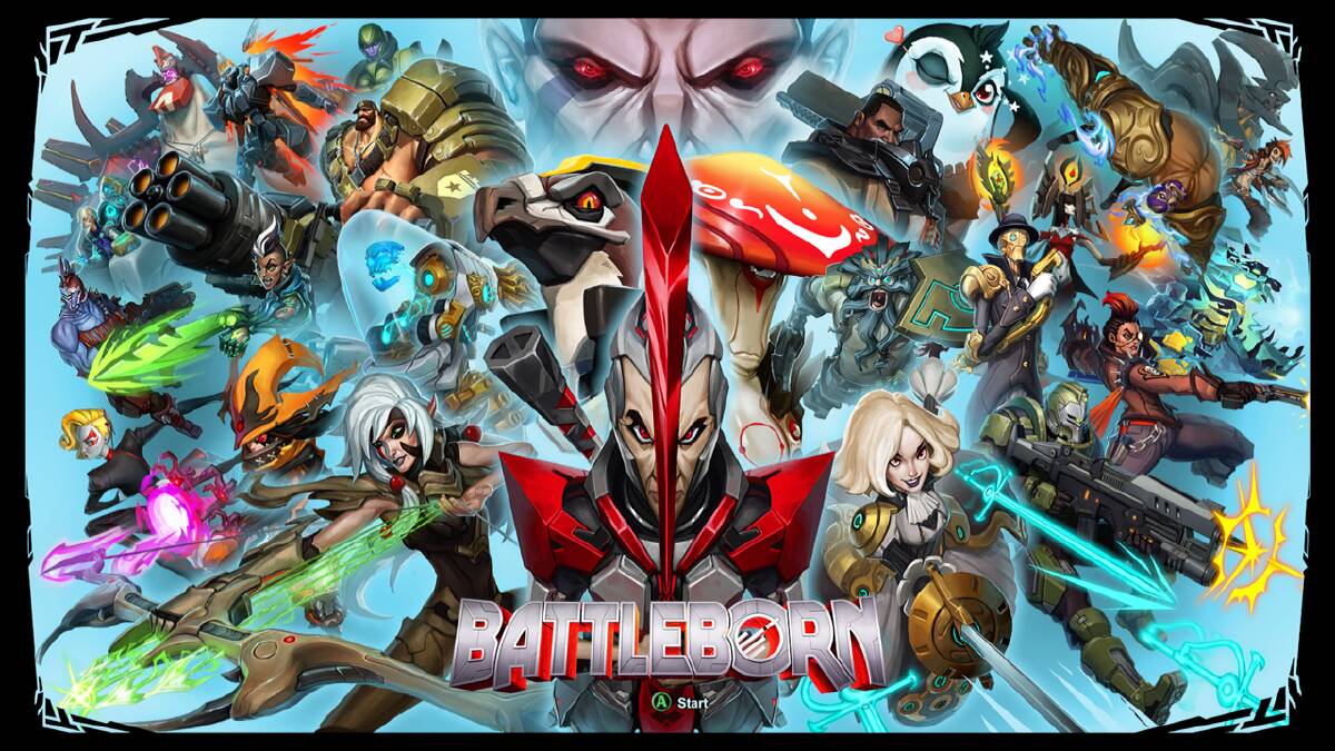 The original 25 heroes of Battleborn, with Rath, one of the melee characters in the centre.