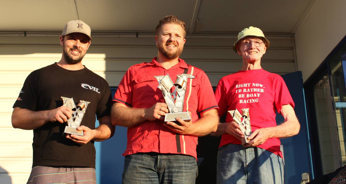 STOKED: Nathan Mills, centre, won the Double Dash at the weekend. He is flanked by Adam Lees and John Timbs. Picture: Conor Hickey