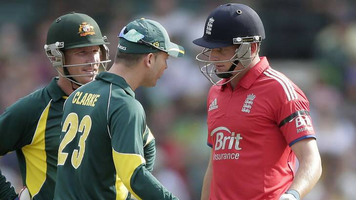 Confrontation: Australia's captain Michael Clarke has a word with Jos Buttler. Photo: Rob Griffith