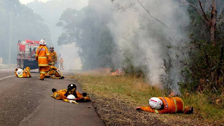 This photo of exhausted firefighters Josh and Matt Jones-Power went viral. Photo: Phil Hearne