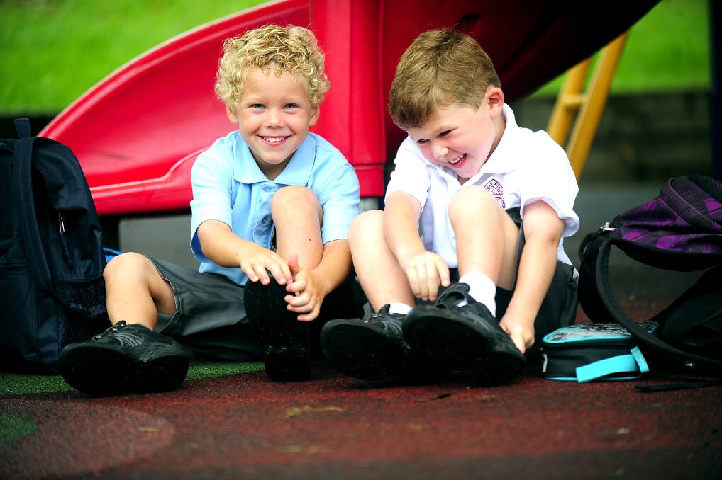 Austin Williams and Jye Barrington get ready for their first day of school.  Picture: Kylie Pitt 