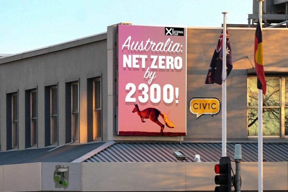 BILLBOARD: The satirical billboard promises Australia will reach net zero emissions within the next 279 years. Picture: MATT HUGHES