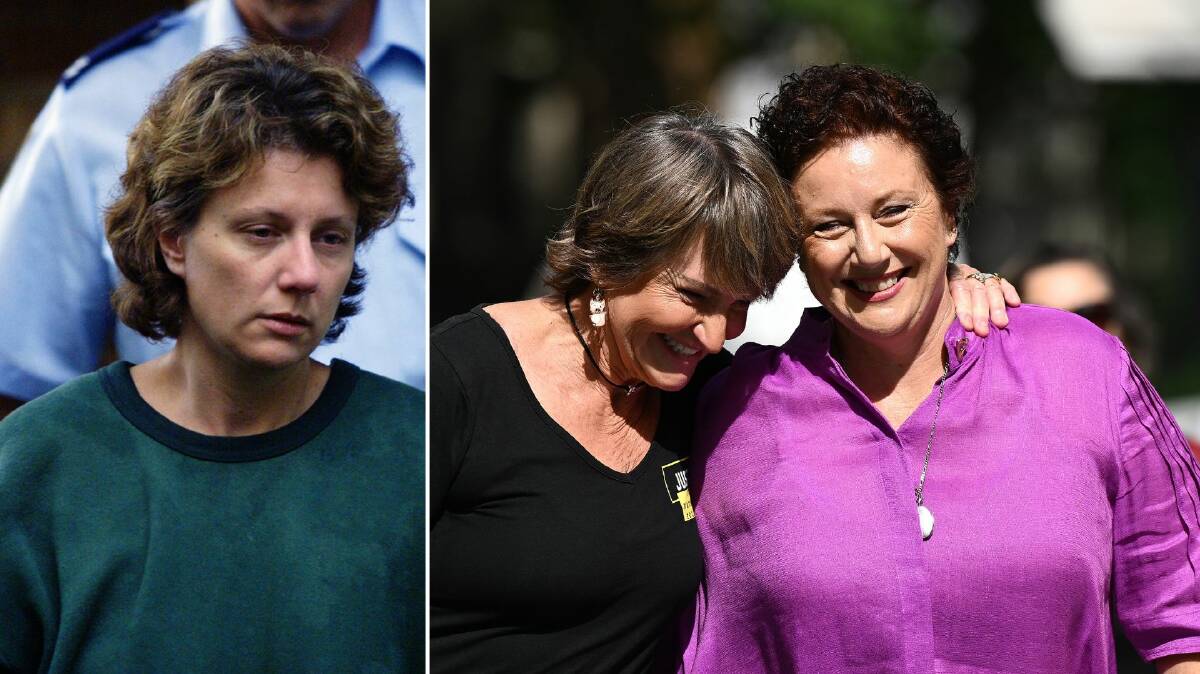 Kathleen Folbigg leaving Maitland Court after being refused bail in 2001 (left). Kathleen Folbigg along with Tracy Chapman arrives at the New South Wales Court of Criminal Appeal in Sydney, before her convictions were quashed (right). File picture and AAP Image/Dan Himbrechts.