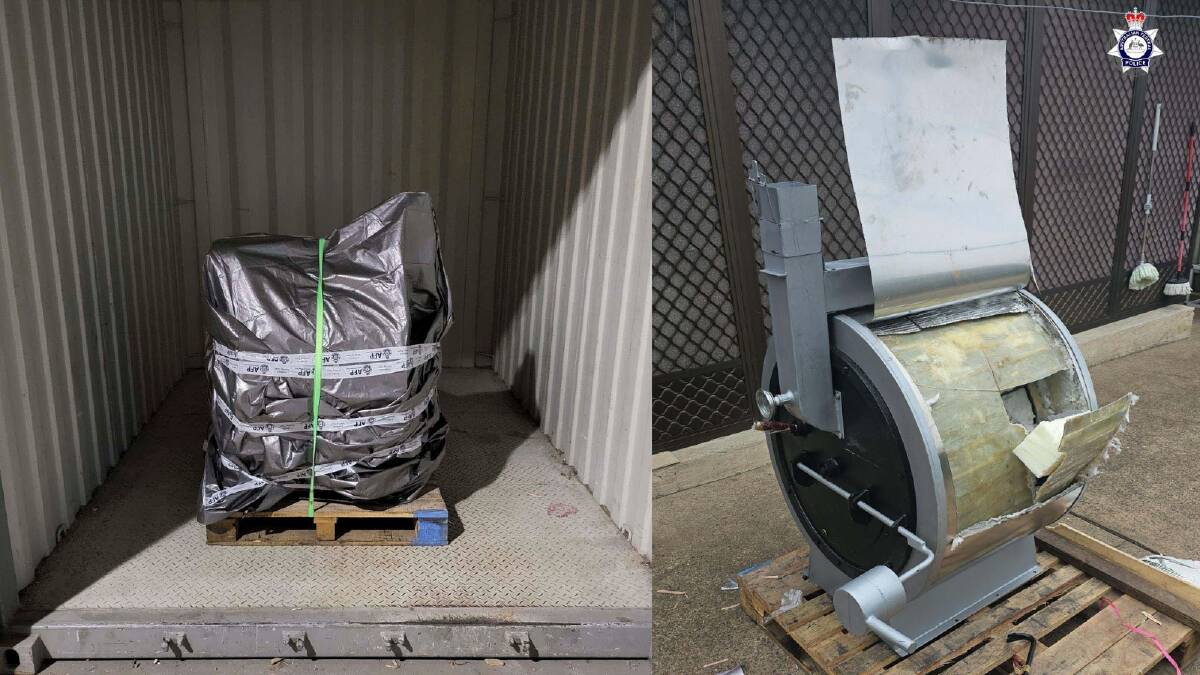 An industrial coffee grinder seized by police (left) and the grinder with openings exposed. Picture supplied