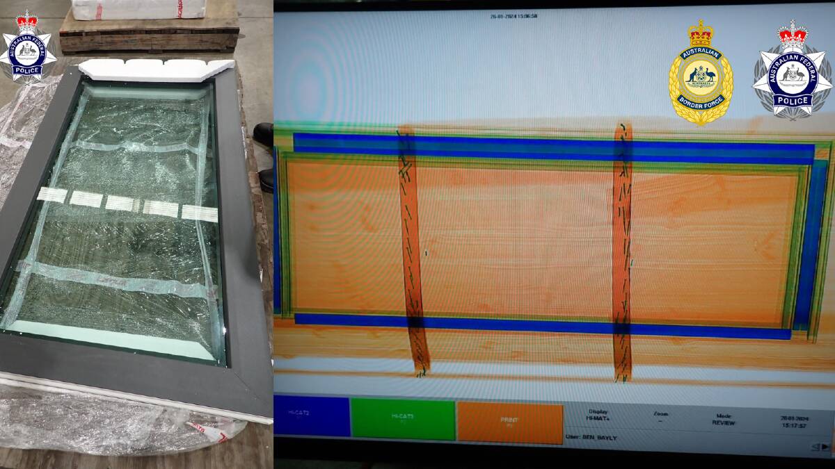 Seized window frame (left) and an x-ray of windows showing the alleged drug import in blue (right). Picture supplied