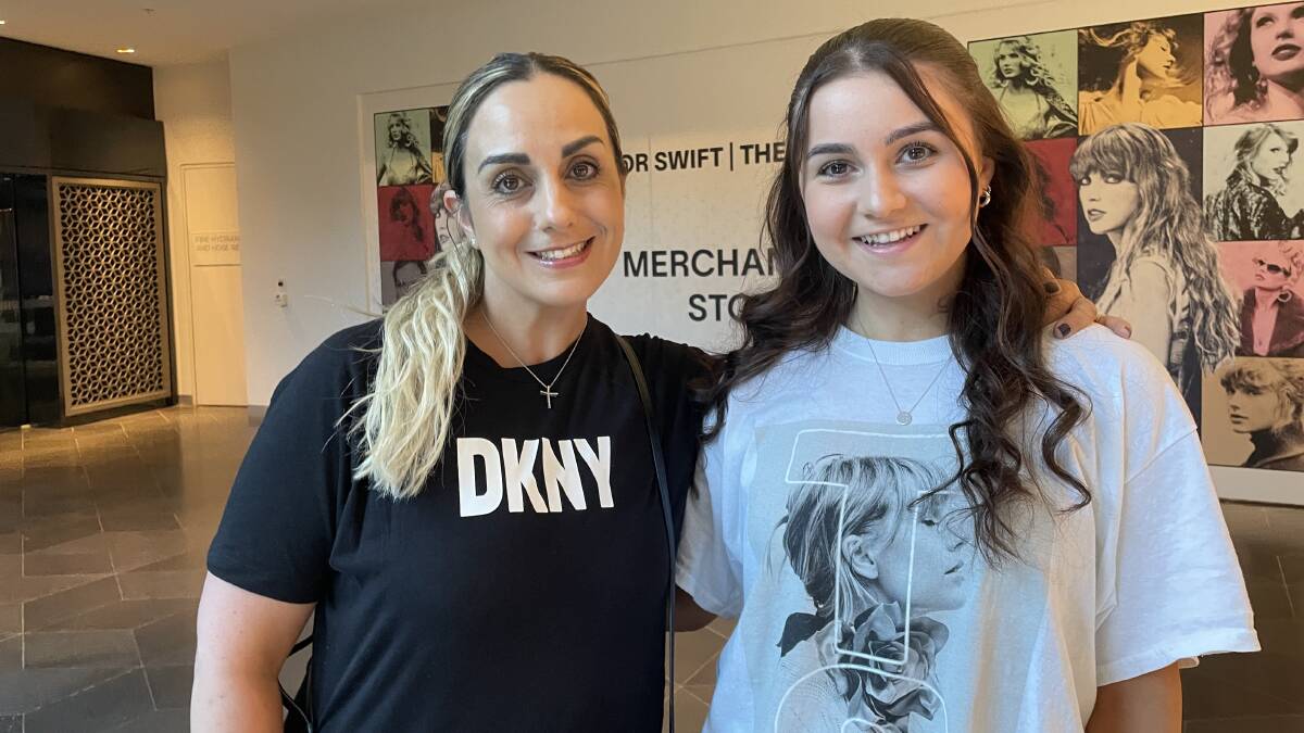 Melbourne Swiftie Bella Badelian (right) and her mother Jackie were first in line at the Taylor Swift Eras Tour merchandise pop-up at Crown Melbourne on February 13. Picture by Anna McGuinness