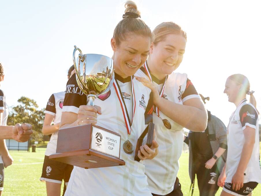 SUCCESS: Magpies captain Sophie Stapleford celebrates after Maitland won the 2021 Women's NNSWF State Cup. Picture: Max Mason-Hubers