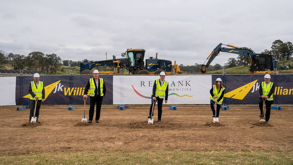 Hawkesbury Mayor Patrick Connolly, Hawkesbury MP Robyn Preston and Redbank's Mark Regent and Jock Douglas turn the sod at the site of Redbank Communities new Village Centre. Pictures: Supplied.