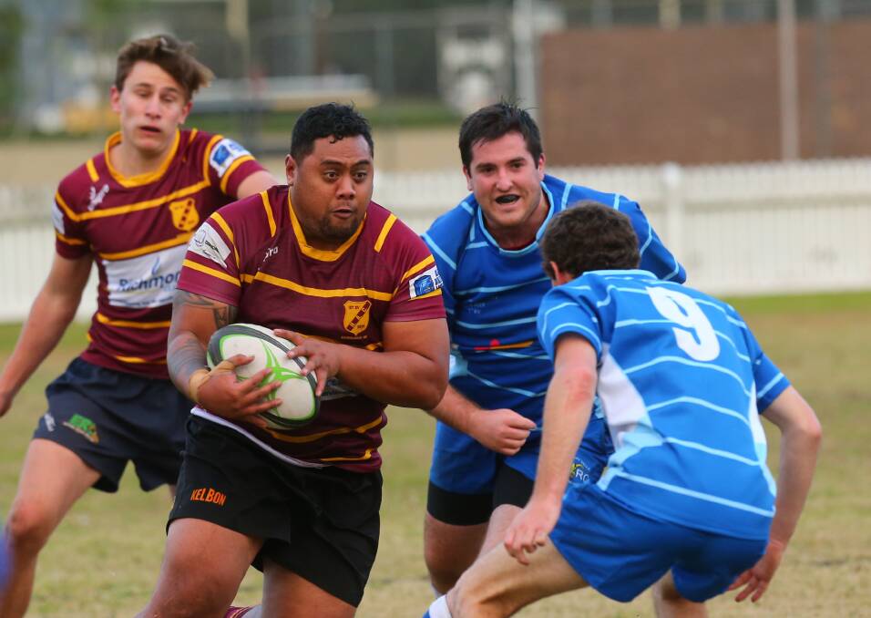 Local rivals: Filifili Piliae carries the ball into contact for Hawkesbury Ag College in their match against Hawkesbury Valley at McQuade Oval in 2019. Picture: Geoff Jones.