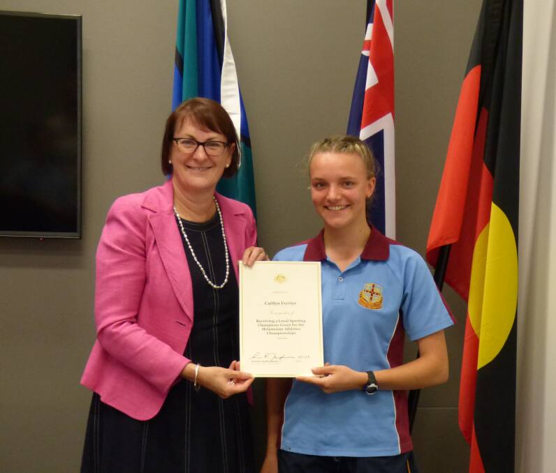 Grant recipient: Caitlyn ferrier was presented with a sporting grant from Susan Templeman MP. Picture: Supplied.