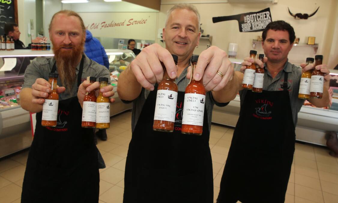 Chilli men: Stonka Hobbs, Chris Boendermaker and Lee Palmer from Viking Chilli at The Butcher Shop, Richmond. Picture: Geoff Jones.