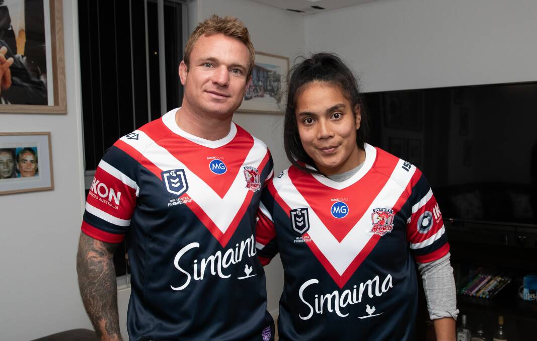 Limited edition: Sydney Roosters captains Jake Friend and Simaima Taufa wearing the Roosters special Women in League round jerseys that display the club's NRLW player names in place of the Steggles logo. Picture: Supplied