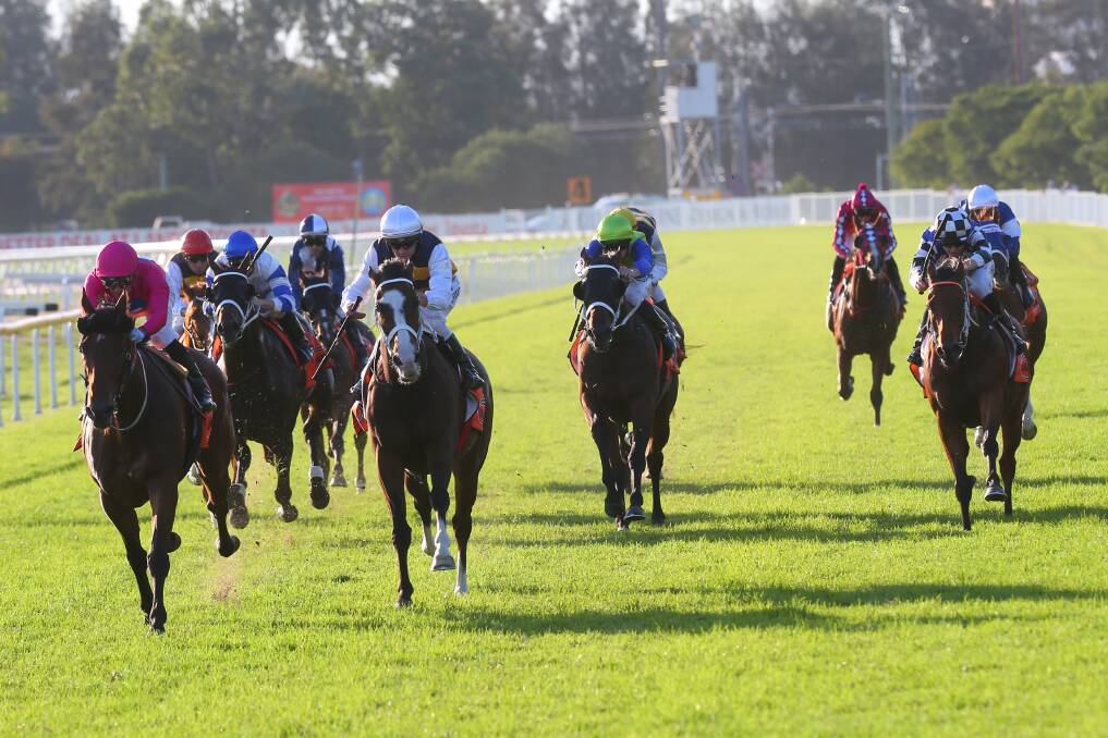 Gold Cup: Archedemus ridden by Corey Brown (pink) took out first place in the $200,000 Hawkesbury Gold Cup race at Hawkesbury Race Club's Stand Alone Saturday, April 27. Picture: Geoff Jones