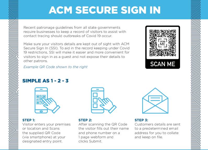 QR process: The Australian Community Media Secure Sign In program that will make require record keeping easier and more convenient for businesses. 