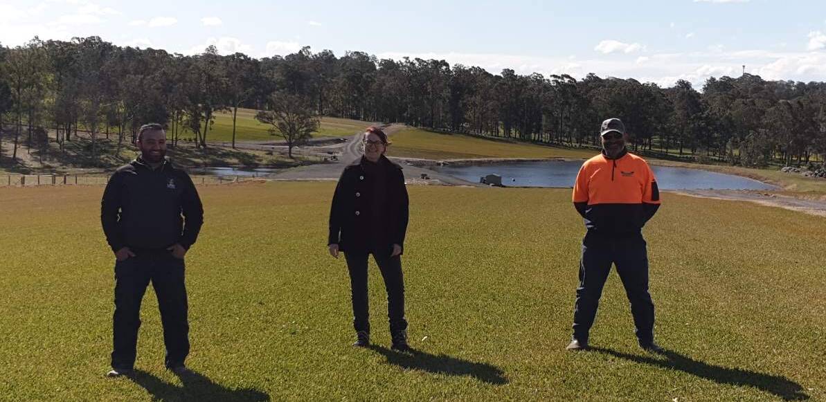 Natural prevention: Federal Macquarie MP Susan Templeman with Ben (left) and Charlie (right) Muscat at their North Richmond turf farm, Greenway Turf Supplies. Picture: Supplied.