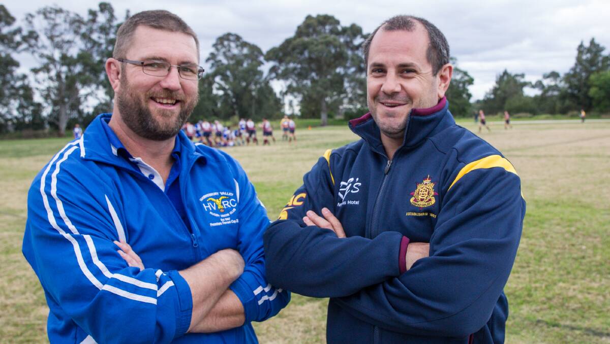 Before Kick-off: Kristian Berghofer [right] prior to the local derby match up with Hawkesbury Valley coach Matt Rudd in 2015.