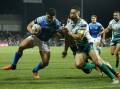 Battle: Samoa's David Nofoaluma fights for the corner against the Cook Islands in the two sides test match, on Saturday night at Campbelltown Sports Stadium. Picture: NRL Photos.