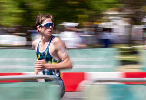 On the run: Josh Ferris completing the running leg of his race at the 2018 Youth Olympics. Picture: Supplied